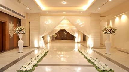 Luxury Hallway Decorated with Elegant White Flowers and Soft Lighting for a Special Event : Generative AI
