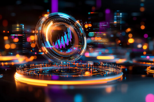 Futuristic 3D holographic data visualizations with bar charts, pie graphs, and numerical analysis above a glowing workspace with digital interface technology background