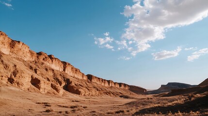 Breathtaking Desert Landscape Showcasing Rocky Mountains and Clear Blue Sky with Fluffy Clouds : Generative AI