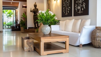 Stylish modern living room interior with elegant decor and lush green plants : Generative AI