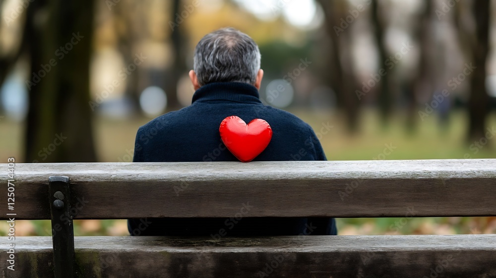 Poster man sitting on bench with heart shaped decoration on his back in park : generative ai