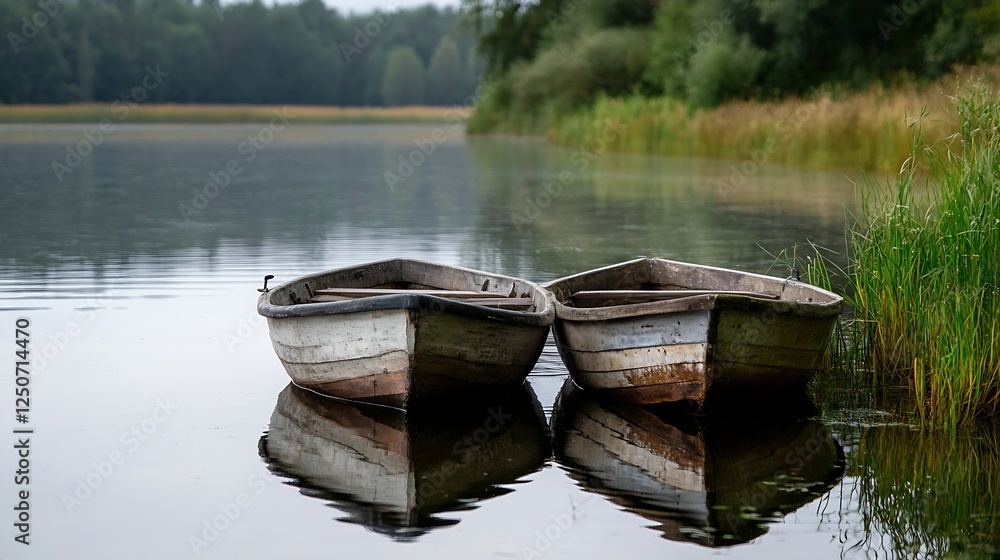 Poster two rustic boats floating peacefully on calm water surrounded by lush nature : generative ai