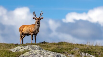 Obraz premium Elegant stag standing majestically on grassy hill with stunning blue sky and fluffy clouds creating a dramatic wildlife scene : Generative AI