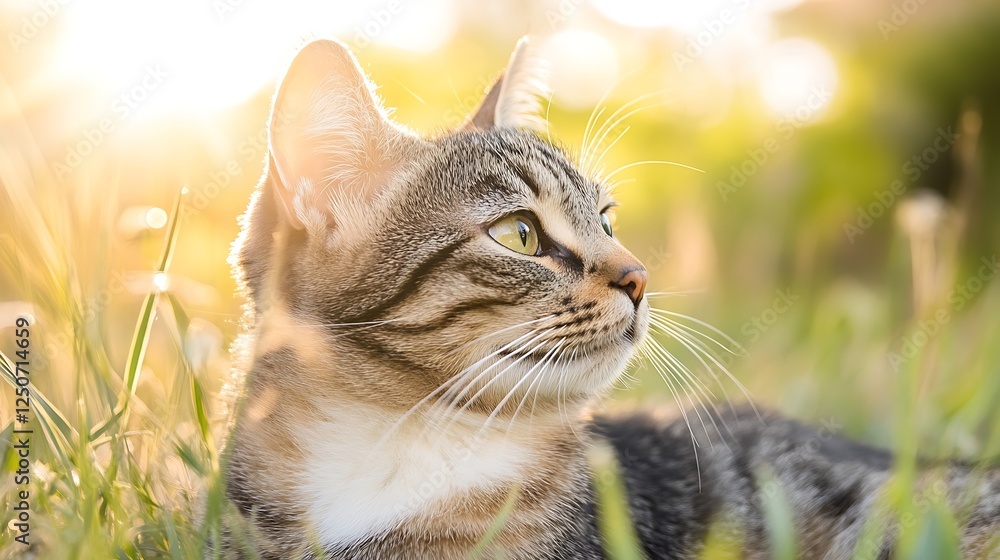 Poster charming tabby cat laying in sunlit grass with a dreamy expression caught in a beautiful moment : ge
