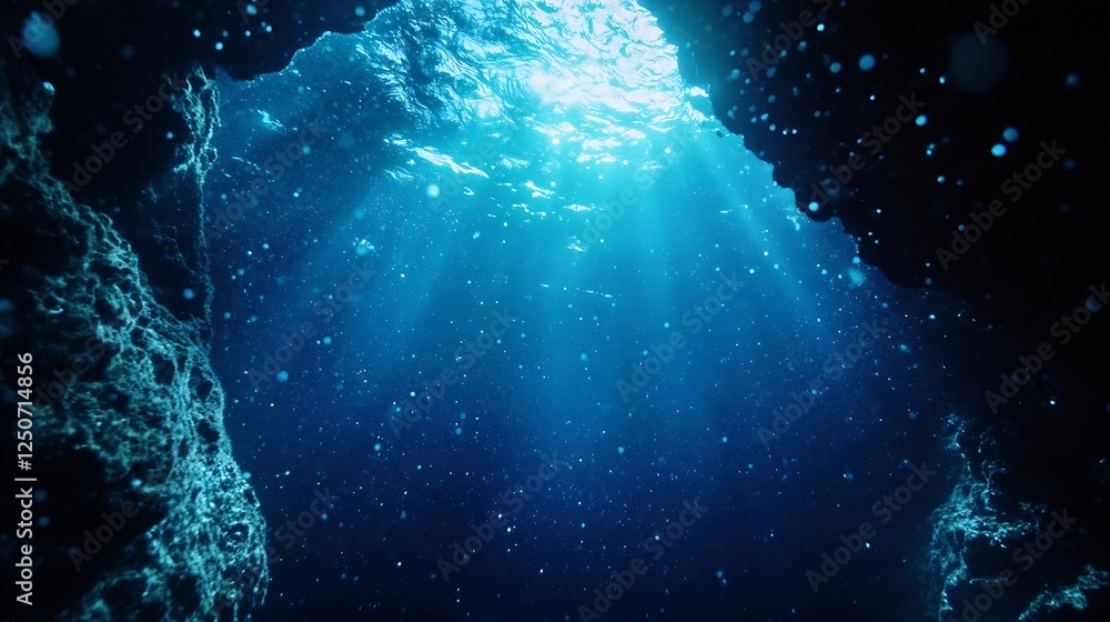 Poster Mesmerizing Sunlight Streaming Through Water in Underwater Scene with Bubbles and Rocks : Generative AI