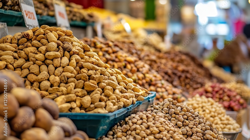 Poster colorful variety of nuts displayed at a market stall in a vibrant marketplace environment : generati