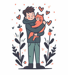 Cute man joyfully hugging his cat surrounded by hearts and flowers in a cheerful clip art style