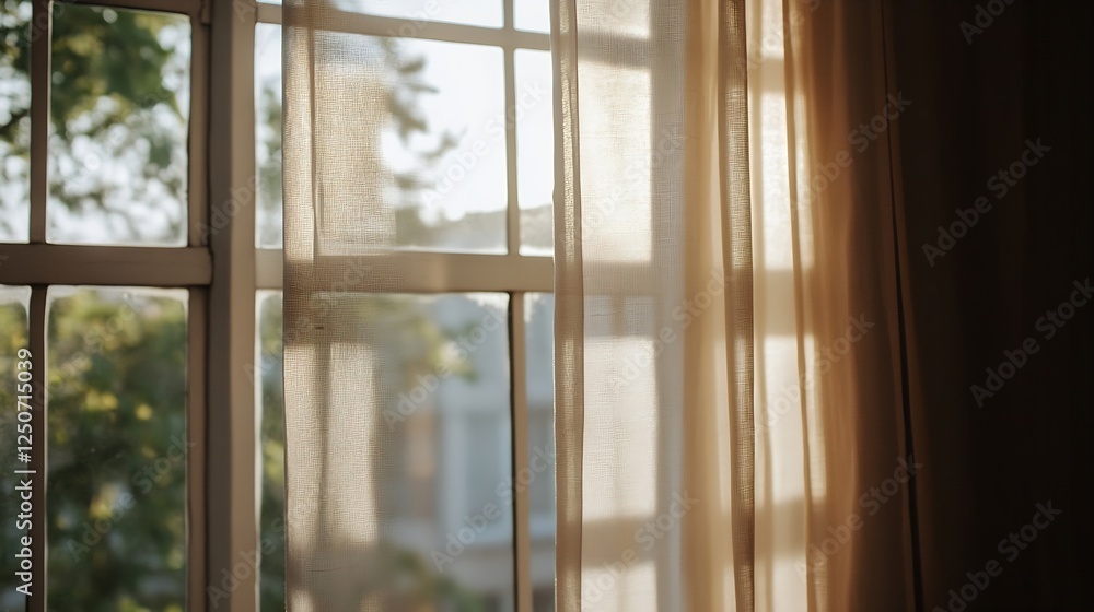 Leinwandbilder soft sunlight filtering through sheer curtains creating a serene home atmosphere : generative ai