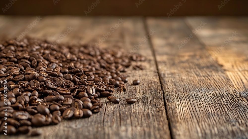 Poster freshly roasted coffee beans spread over a rustic wooden surface showcasing rich color and texture :