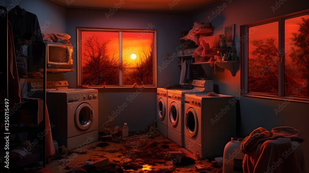 Poster dramatic image of a home laundry room completely engulfed in fierce raging flames with a bright vivi