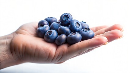 Hand holding blueberries on white.