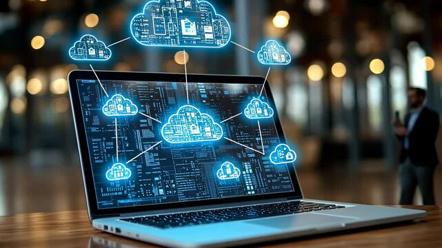 A cuttingedge futuristic laptop that highlights the importance of cloud technology and advanced cyberspace connections, specially designed for usage in modern business environments and enterprises