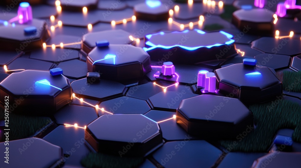 Poster futuristic hexagonal network with glowing connections and data nodes
