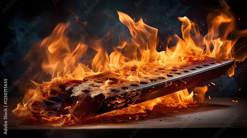 Poster dramatic scene of flames engulfing an ironing board with embers and sparks floating in the air creat