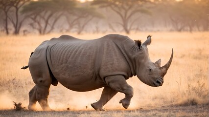 Fototapeta premium Rhino running in the savannah. Wild animal