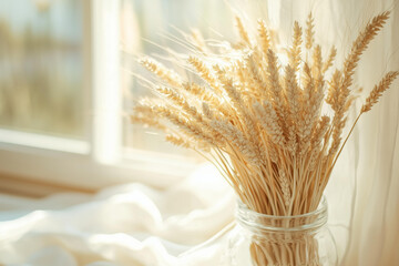 closeup photo of a bouquet of golden wheat stalks elegantly arranged in a clear glass jar, placed near a sunlit window.  