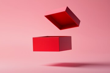 Red gift box with open lid floating against a pink background for festive occasions