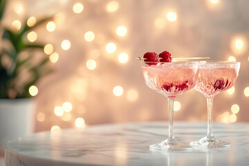 closeup photo of two elegant coupe glasses filled with a sparkling pink cocktail, garnished with fresh red berries, set on a luxurious marble surface.  