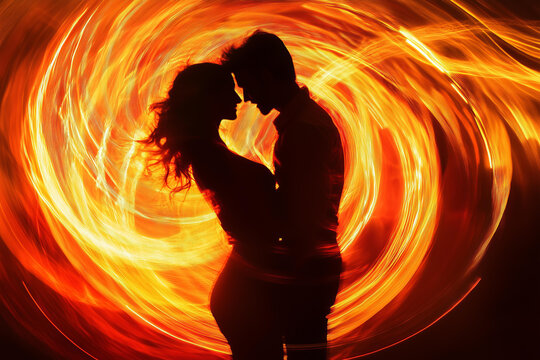 closeup photo of a passionate couple in silhouette, standing intimately close with their faces almost touching, surrounded by a swirling vortex of fiery golden and orange light trails.  