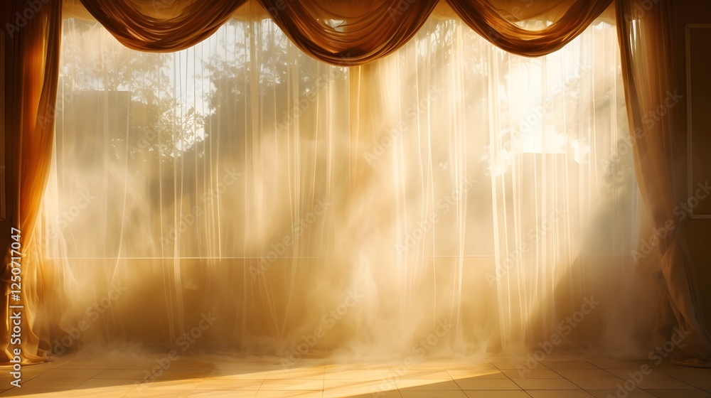 Poster dramatic scene of a burning curtain near an open window with sunlight shining through the billowing 