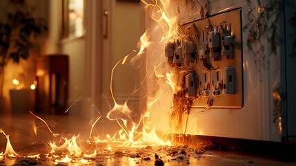 Electrical socket sparking creating a small fire in a modern home interior  The image depicts the dangerous situation of a faulty electrical outlet causing a potential household hazard
