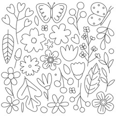 Hand drawn black and white doodle set of various flowers, butterflies, leaves, and berries. Cute floral line art illustration for coloring pages, kids activities, and creative designs.
