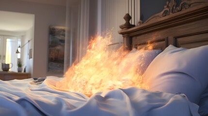 Candle Placed Too Close to Pillow Ignites Sudden Burst of Flames Highlighting the Danger of Household Fire Hazards  High Realism Image Capturing the Moment of Disaster