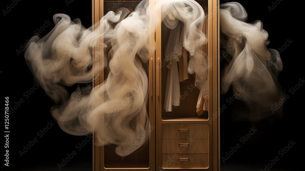 Poster a wooden wardrobe being consumed by intense flames with heat waves distorting the air around it crea