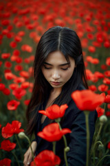 Naklejka premium Beautiful Asian woman with long dark hair looking down at poppies in a red poppy field