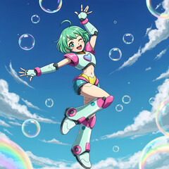 Naklejka premium Anime robot character dancing in a sky filled with bubbles, rainbow colors, playful expression, cute design, short green hair, wearing a colorful outfit, dynamic pose, light and airy, digital art