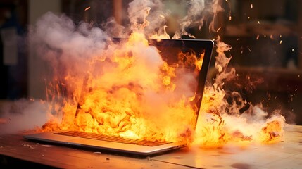 Obraz premium Overheating Laptop Sparking Fire on Work Desk Hazard Depicting a Dangerous Situation of an Electronic Device Malfunction and Safety Risk in the Office Environment