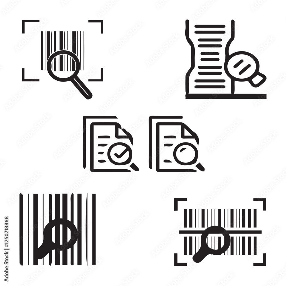 Poster magnifying glass with barcode vector design icon symbol set