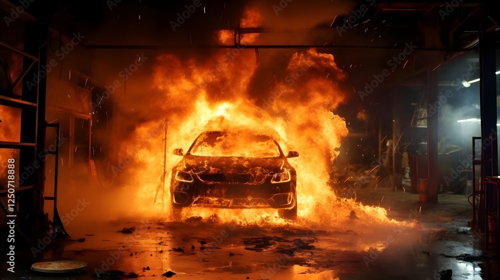 Poster dramatic and intense image depicting a violent car battery explosion occurring within a garage with 