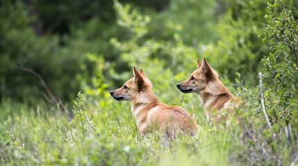 Two Alert Red Foxes Sitting Gracefully in a Lush Green Habitat : Generative AI