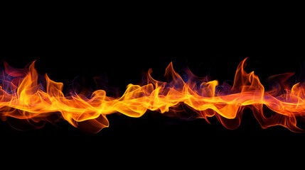 Intense Fire Flames against Black Background, Dynamic Heat Emission, Ideal for High-Impact Visuals