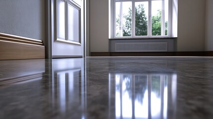 Fototapeta premium Minimalist Interior with Modern Design Featuring Large Window and Gleaming Floor : Generative AI