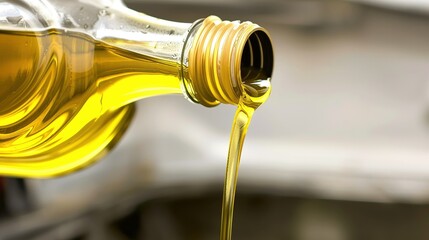 Detailed oil change in progress on a modern luxury vehicle's engine bay, with yellow oil being poured into a small metal canister under bright sunlight. 