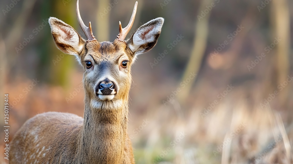 Poster charming closeup of a young deer showcasing its gentle features in a natural habitat : generative ai