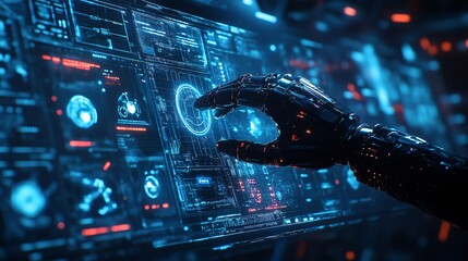 Fototapeta premium Conceptual Robotic Hand Interacting with Futuristic Digital Interface