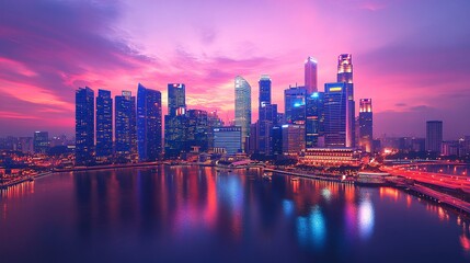 Fototapeta premium Dusk Skyline of a Futuristic City with Holographic Advertisements