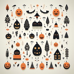 Spooky Halloween Set Featuring Pumpkins, Bats, and Haunted Decorations