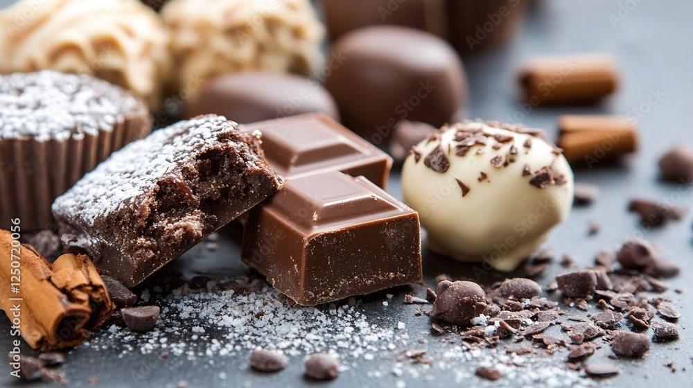 Poster Decadent Chocolate Treats on Dark Background with Flaky Cocoa and Spices : Generative AI