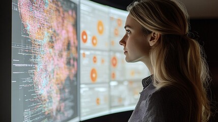 Female Data Scientist Analyzing Complex Patterns on Display