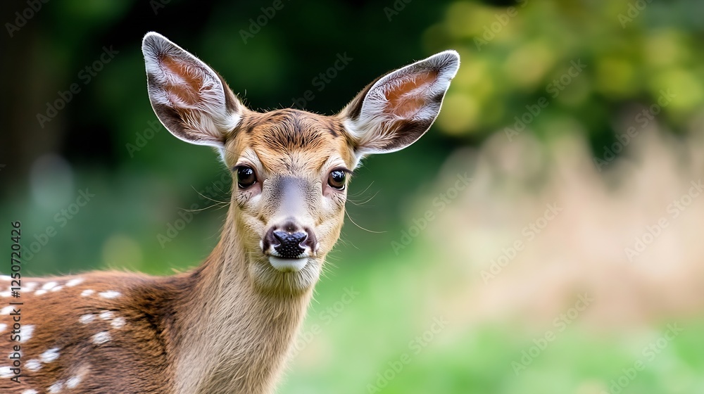 Poster Close up of a curious young deer with distinctive spots against a soft blurred background of greenery : Generative AI