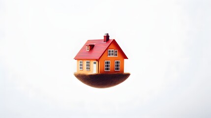 Miniature Architectural Model of a House Defying Gravity Suspended in Midair Against a Crisp Bright White Background   Unique Conceptual Perspective