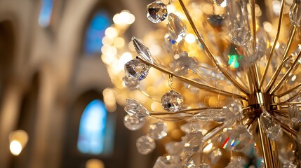 Glistening Crystal Chandelier with Warm Lighting Creating a Stunning Interior Atmosphere : Generative AI