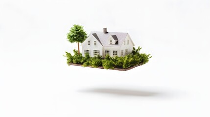 Captivating image showcasing a miniature house model seemingly floating in mid air against a crisp white background