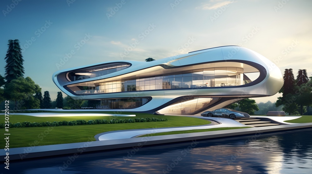 Poster futuristic smart home with sleek minimalist architecture and a high tech clean white background show