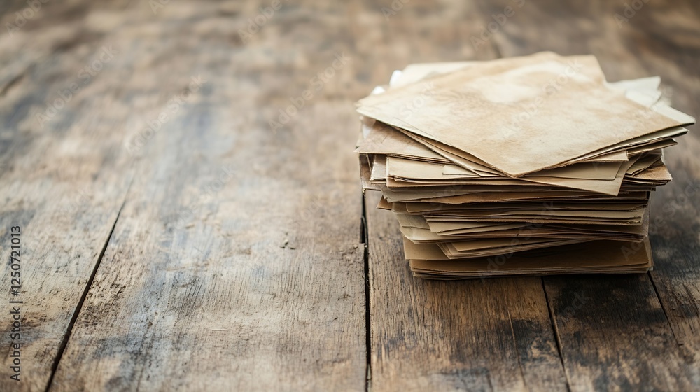 Aufkleber Stack of old paper documents on a rustic wooden table background : Generative AI