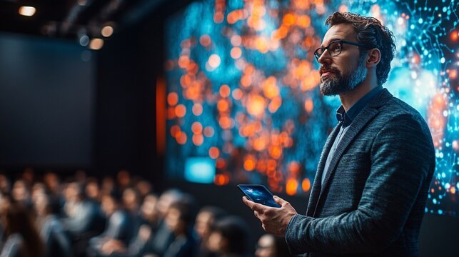 Professional Presenter Demonstrating AI Technology at Conference Event